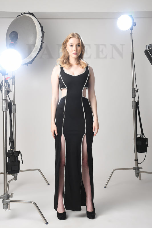 MORTICIA - Stoned Black Slit Gown