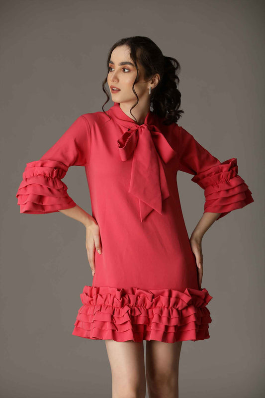 BOUQUET- A-Line Pink Ruffle Short Dress