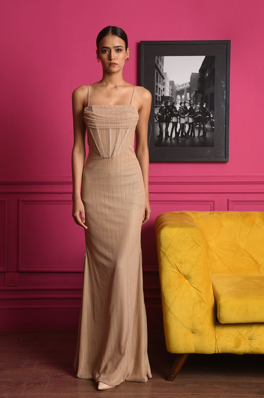 Kylie 2 - Nude-Toned Gown with Exquisite Striped Jacquard