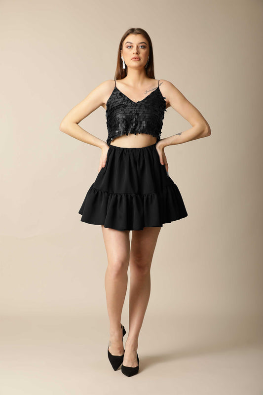 ARIANNA- Black Sequin Short Flare Dress